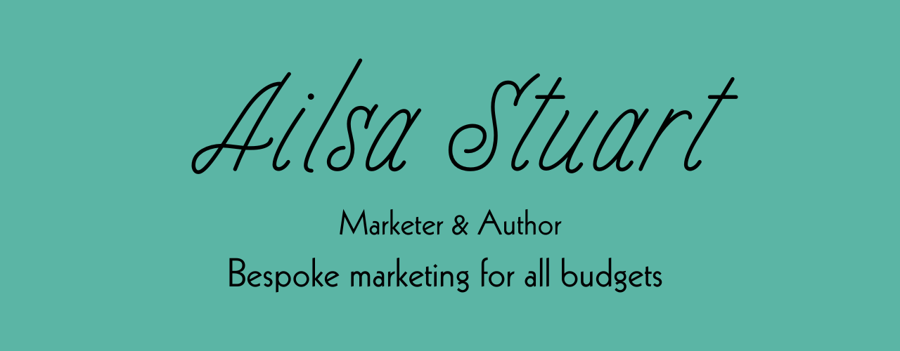 Text reads: Ailsa Stuart, Marketer & Author, Bespoke book marketing for all budgets.